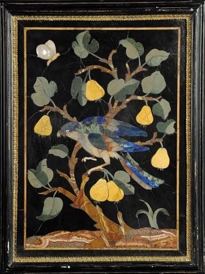 Placca in Ardesia Intarsiata in Pietre Dure, XVIII Secolo