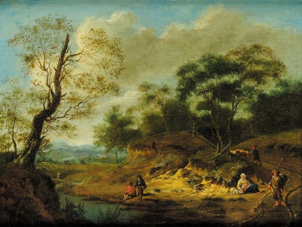 Scuola Fiamminga del XVIII secolo Paesaggio lacustre con personaggi