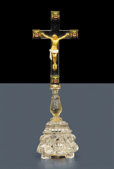 Crocifisso in Cristallo di Rocca e Bronzo Dorato, XIX Secolo