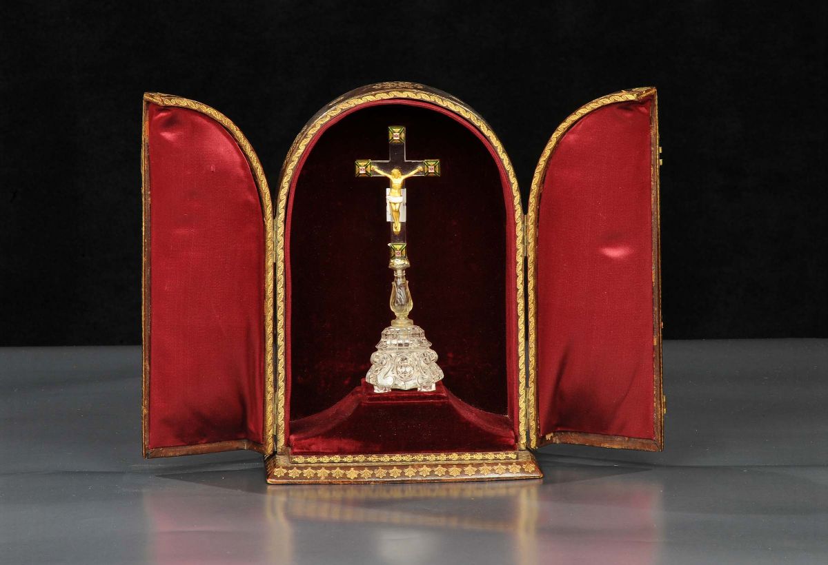 Crocifisso in Cristallo di Rocca e Bronzo Dorato, XIX Secolo