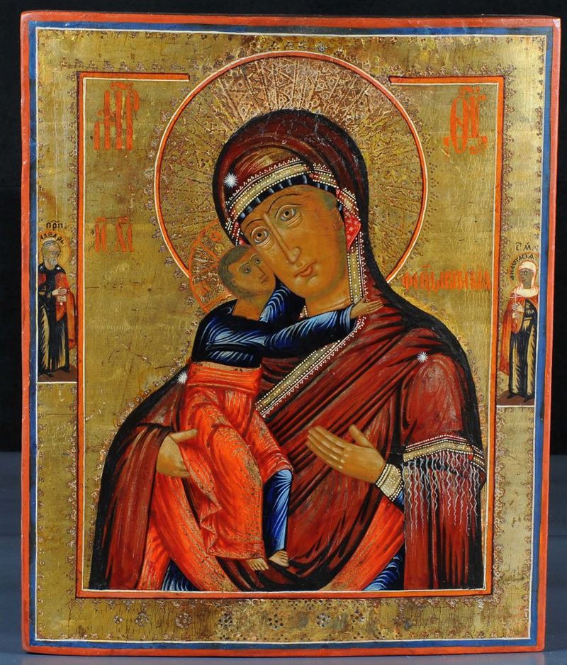 Icona raffigurante Madonna della tenerezza di Fedorov, XIX secolo  - Asta Antiquariato e Dipinti Antichi - Cambi Casa d'Aste