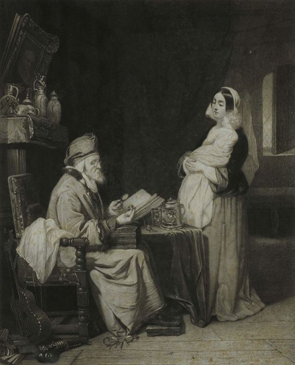 Due stampe raffiguranti personaggi in interni, Francia XIX secolo