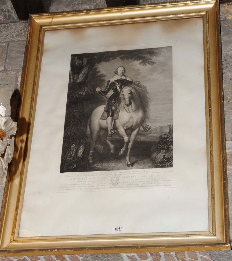Stampa raffigurante uomo a cavallo, fine XVIII secolo  - Auction Old Paintings and Furnitures - Cambi Casa d'Aste