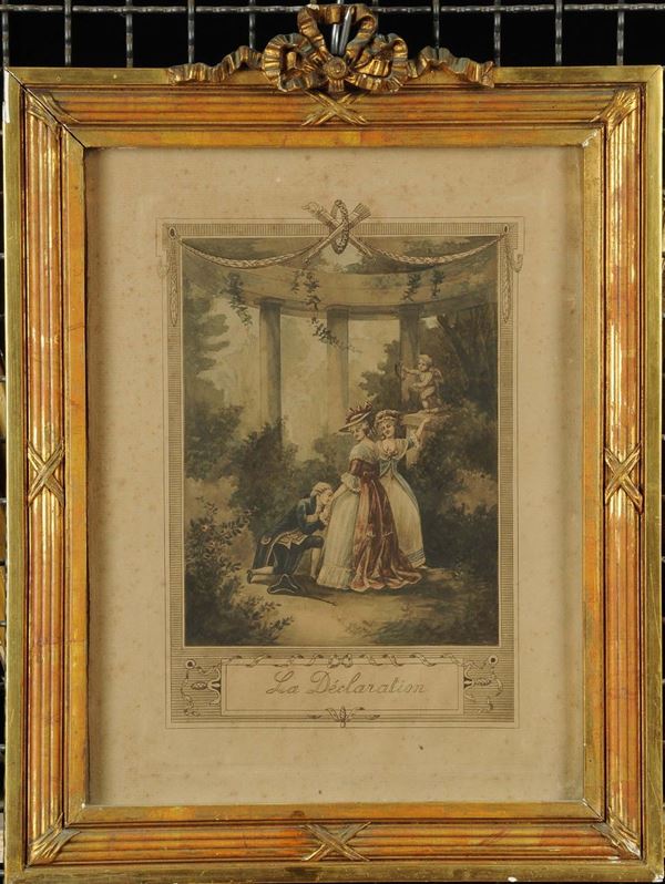 Coppia di stampe raffiguranti scene galanti, Francia XIX secolo