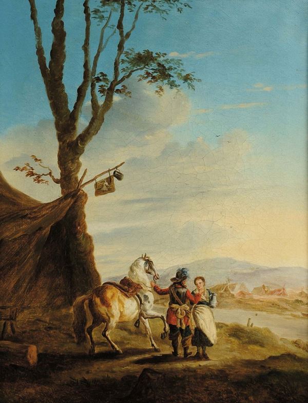 Philips Wouwerman (1619-1668), seguace di Paesaggio con cavaliere e contadina