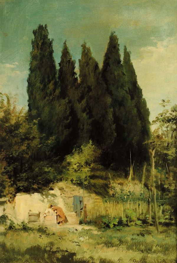Lodovico Raymond (1825-1898) Paesaggio con cipressi, 1879