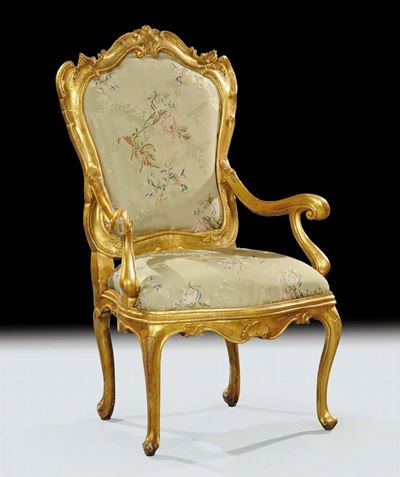 Poltrona in Legno Intagliato a Volute e Dorato, Venezia Metˆ XVIII Secolo