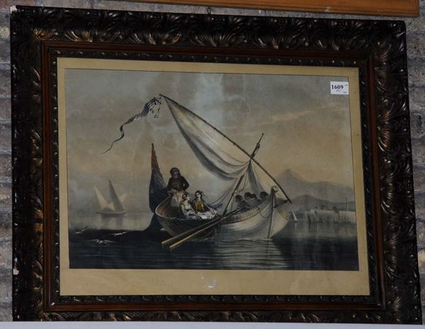 Litografia a colori con scena romantica su imbarcazione, XIX secolo