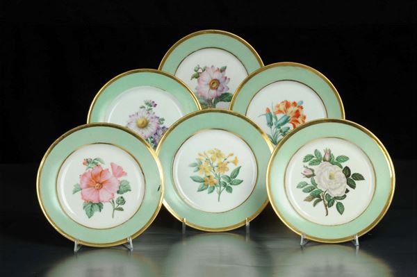 Serie di sei piatti in porcellana policroma, Francia inizio XIX secolo