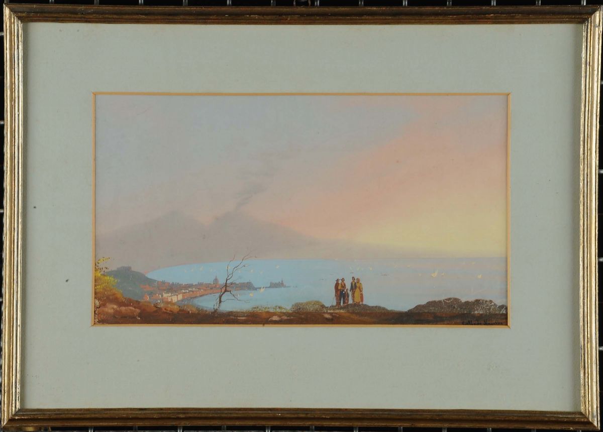 Anonimo del XX Secoloveduta di Napoli Col Vesuvio