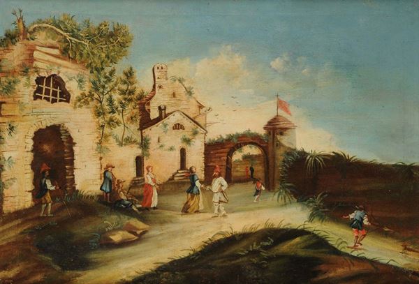 Scuola Veneta del XIX secolo Capriccio con figure in maschera