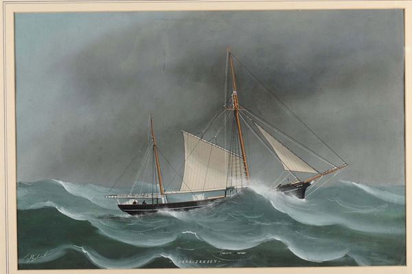Luigi Roberto (1845-1910) Ritratto del Jersey ketch Hero davanti a Genova e in navigazione