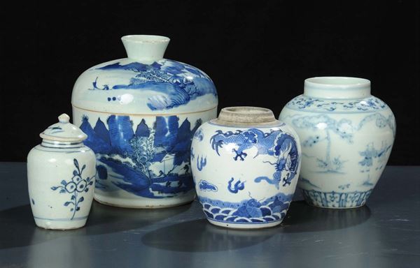 Quattro tre vasetti e ciotole in ceramica, Cina XIX secolo