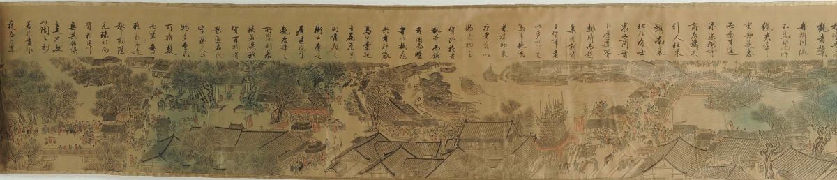 Rotolo Orizzontale su Seta Raffigurante le Scene sulle Rive del Fiume Bianhe Durante il Qingming ...