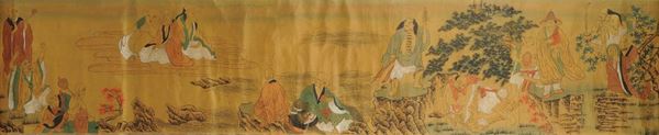 Rotolo orizzontale policromo su seta raffigurante I Diciotto Luohan, firmato Wen Hui