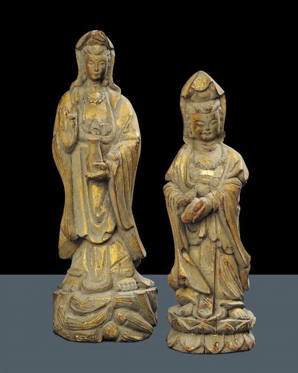 Coppia di statuette lignee dorate, Cina 1890