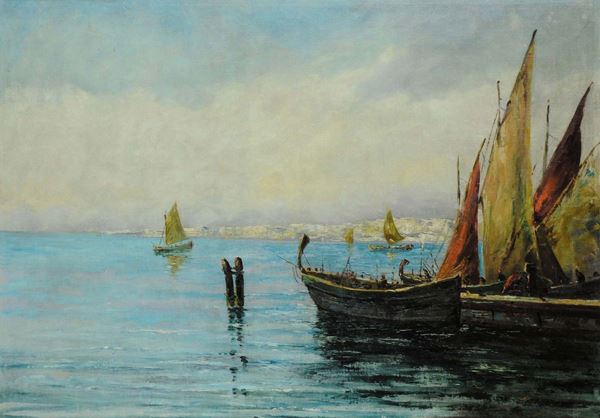 Bianchi Veduta costiera con imbarcazioni