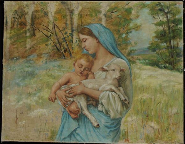 Anonimo del XIX secolo Madonna con Bambino e agnellino