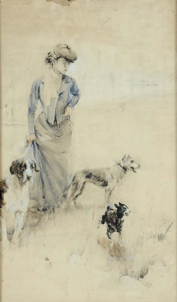 Serafino Macchiati (1860-1916) A passeggio con cani  - Auction Old Paintings and Furnitures - Cambi Casa d'Aste