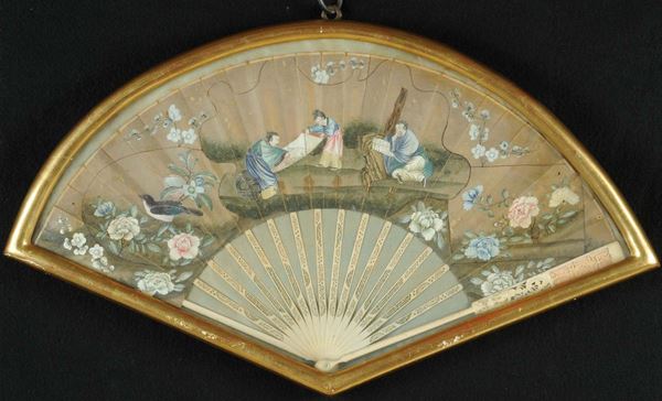 Ventaglio in avorio e carta dipinta, Cina fine XVIII  secolo