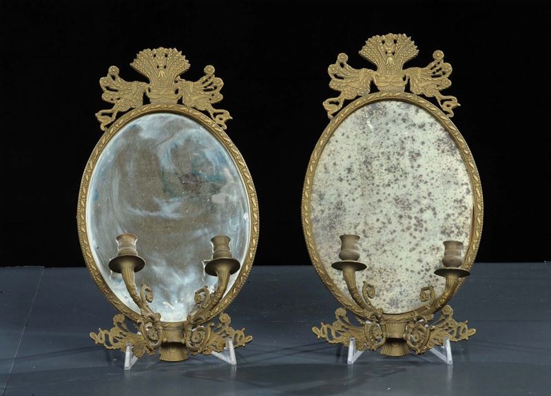Coppia di ventoline a due luci in bronzo dorato, Francia XIX secolo  - Asta Antiquariato e Dipinti Antichi - Cambi Casa d'Aste