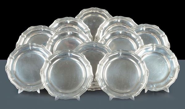 Dodici piattini in argento stile Barocchetto, XX secolo