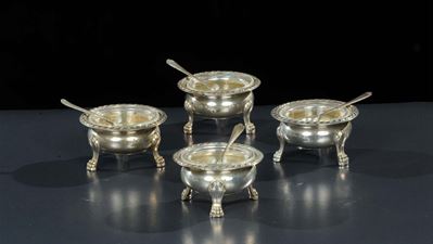 Quattro Salierine in Argento con Cucchiaini, XIX Secolo