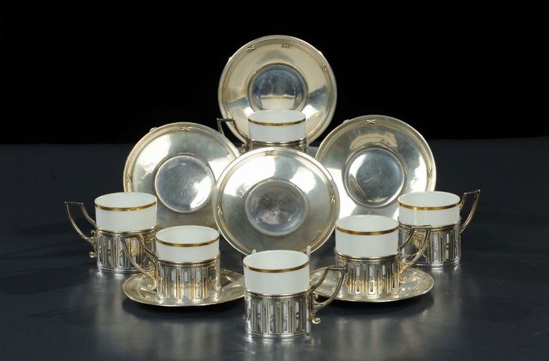 Sei tazzine in argento e porcellana con bordino dorato, XX secolo  - Asta Antiquariato e Dipinti Antichi - Cambi Casa d'Aste