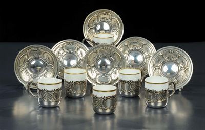 Sei Tazzine da Caff in Ceramica e Argento, Richard Ginori, Pittoria di Doccia