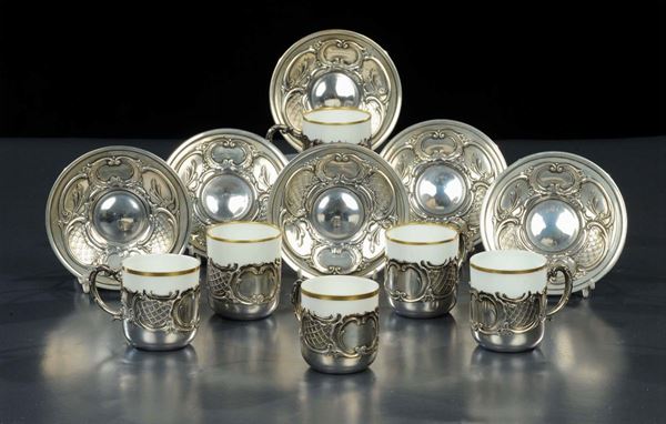 Sei tazzine da caff in ceramica e argento, Richard Ginori, Pittoria di Doccia