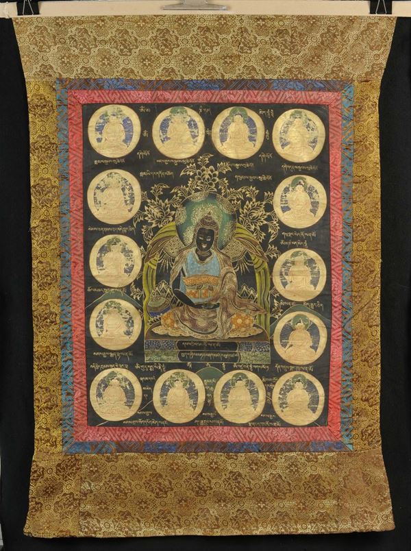 Tanka con Buddha benedicente, riferibile dinastia Qing (1644-1912)