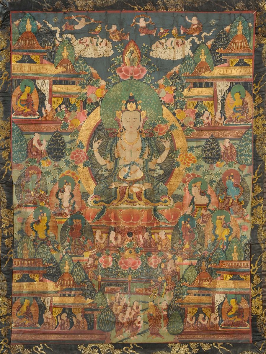 Tanka con Buddha con un Fiore nella Mano Sinistra, Riferibile Dinastia Qing (1644-1912)