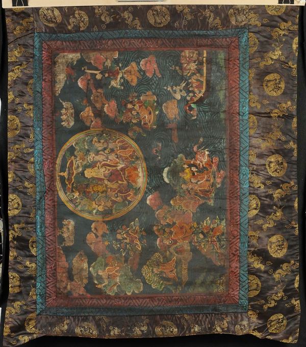 Tanka con Buddha in atto di esaudire le preghiere, riferibile dinastia Qing (1644-1912)