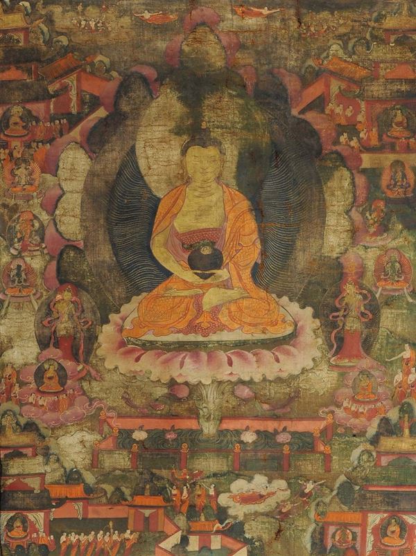 Tanka con Buddha assiso sul fior di loto, riferibile dinastia Ming (1368-1644)