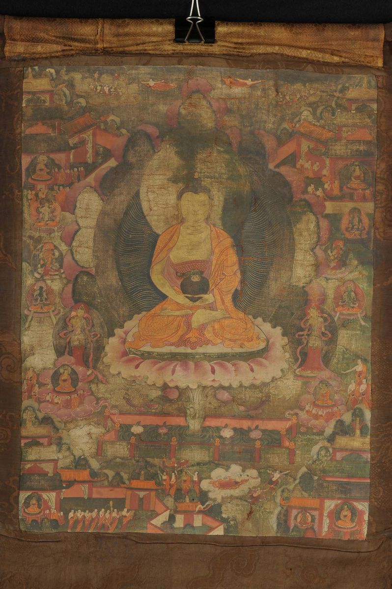 Tanka con Buddha Assiso sul Fior di Loto, Riferibile Dinastia Ming (1368-1644)