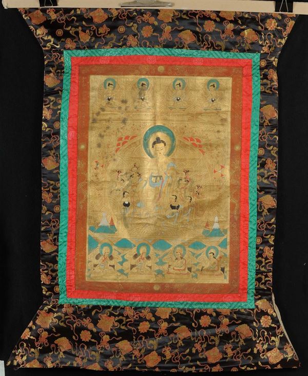 Tanka con Buddha Sakiamuny dorato, riferibile epoca Qing (1644-1912)