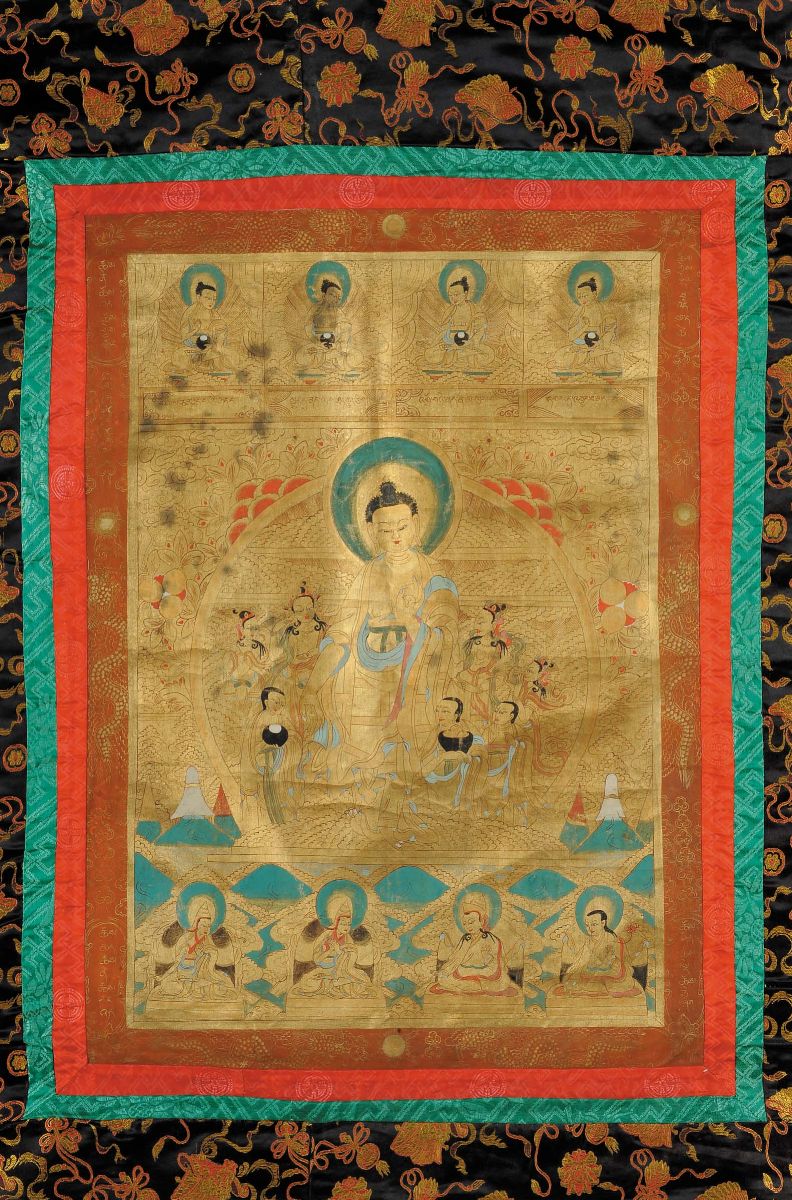 Tanka con Buddha Sakiamuny Dorato, Riferibile Epoca Qing (1644-1912)