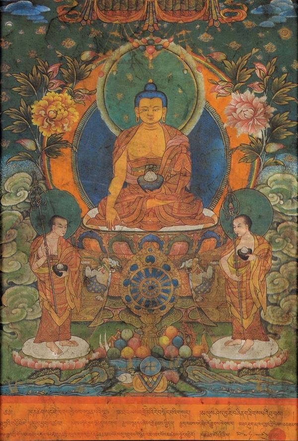 Tanka con Buddha con Santi, Ban Chan Erdeni Queji Jian Zan, riferibile epoca Qing (1644-1912)
