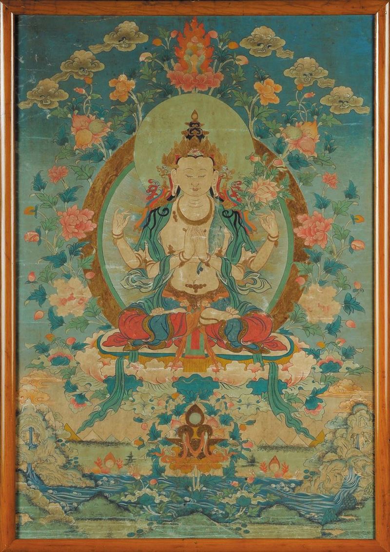 Tanka policromo su tela, dinastia Qing (1644-1912)  - Asta Arte Orientale - Cambi Casa d'Aste