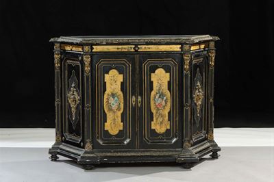 Credenza Tipo Boulle in Legno Ebanizzato con Specchiera, XIX Secolo