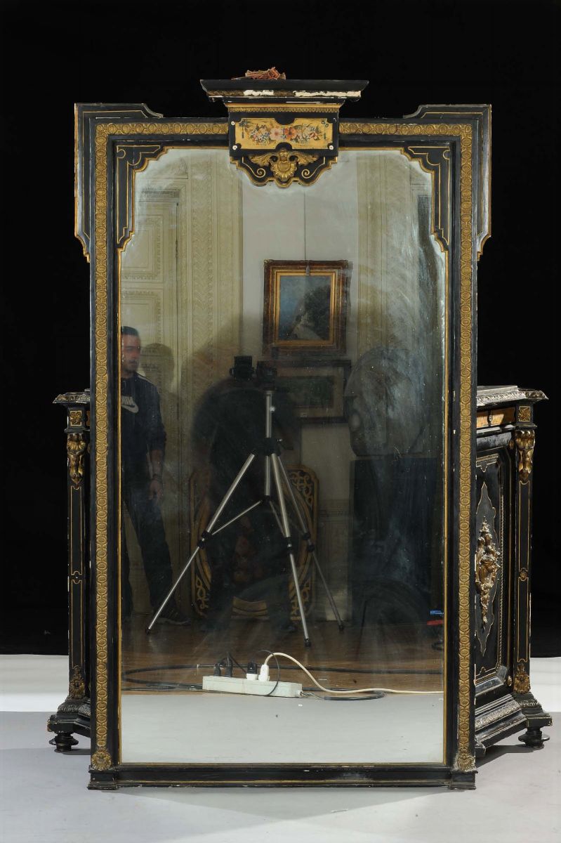 Credenza Tipo Boulle in Legno Ebanizzato con Specchiera, XIX Secolo