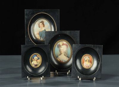 Due Coppie di Miniature con Ritratti Femmili, XIX Secolo