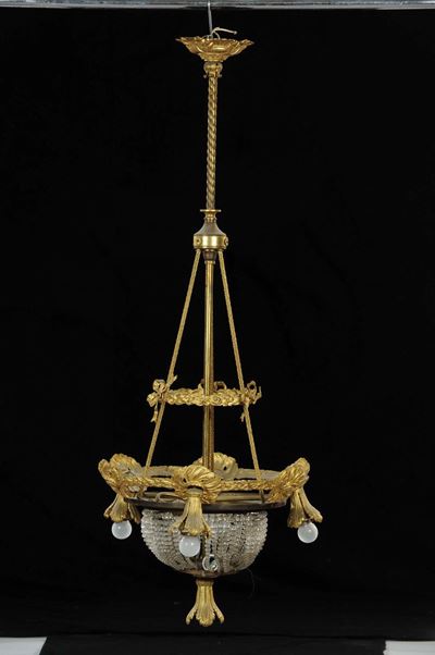 Lampadario Napoleone III in Bronzo Dorato a Cinque Luci, XX Secolo