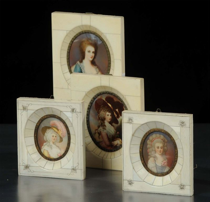 Due coppie di miniature con ritratti femminili, XIX secolo  - Auction Old Paintings and Furnitures - Cambi Casa d'Aste
