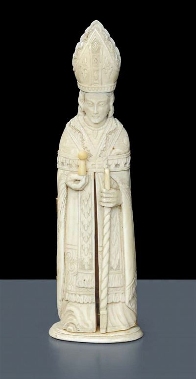 Statuina in Avorio Raffigurante Vescovo con Trittico All'interno, Francia XIX Secolo