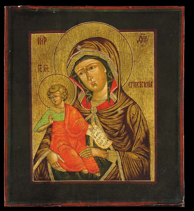 Icona raffigurante Madre di Dio con Bambino, metˆ XIX secolo  - Asta Antiquariato e Dipinti Antichi - Cambi Casa d'Aste