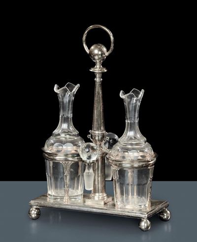 Oliera in Argento con Ampolle in Cristallo, Genova XIX Secolo