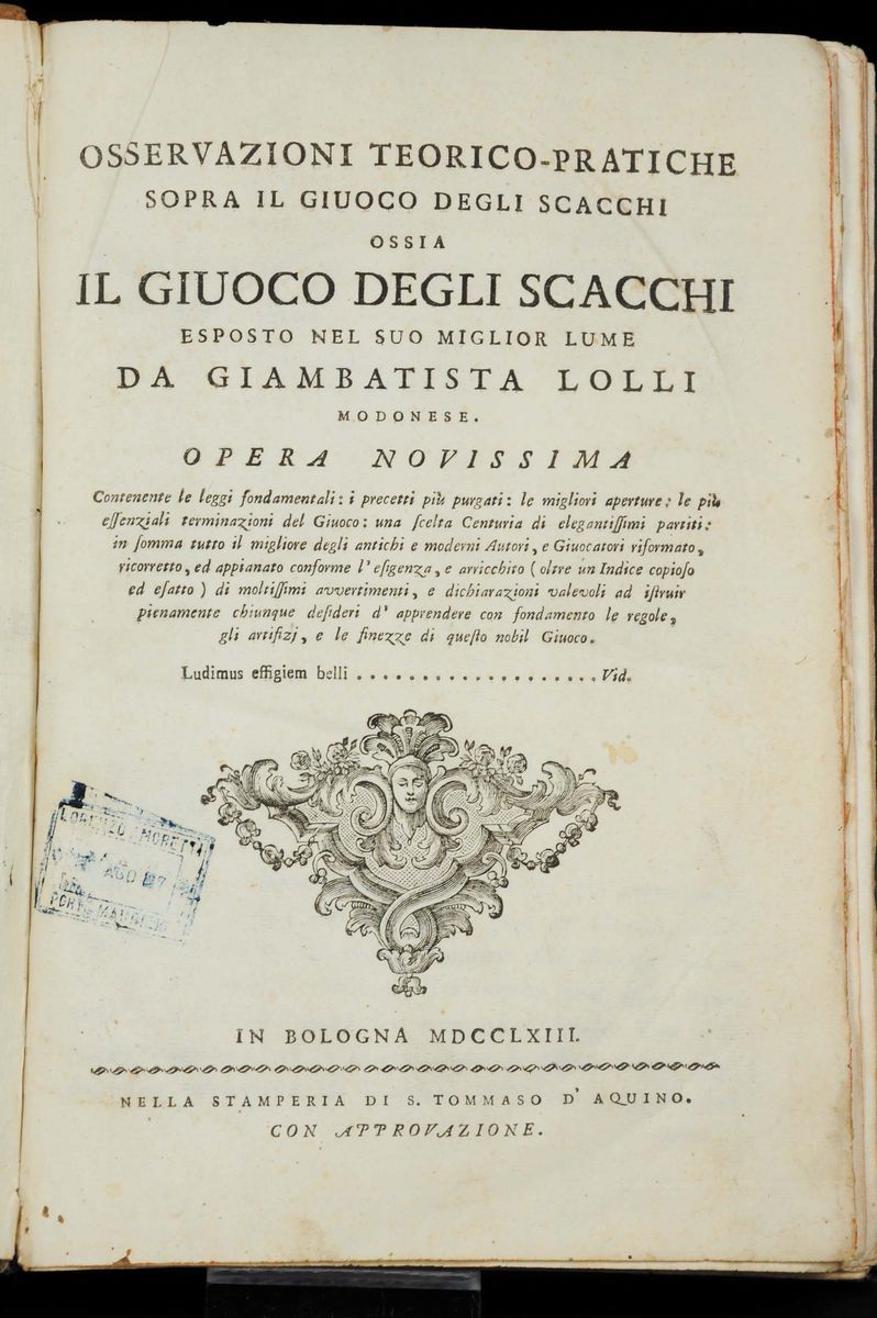 Lolli, Giambattistaosservazioni Teorico-pratiche Sopra il Giuoco degli Scacchi..