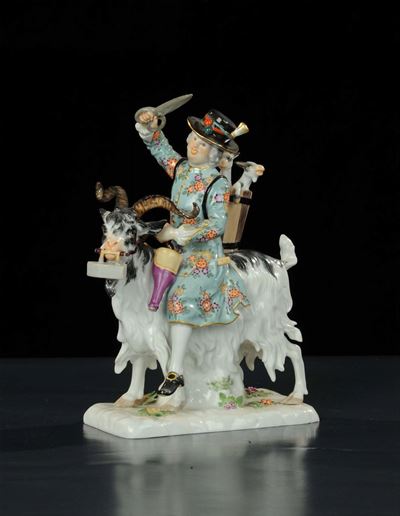 Statuina in Porcellana Raffigurante Personaggio su Capra, Meissen XX Secolo