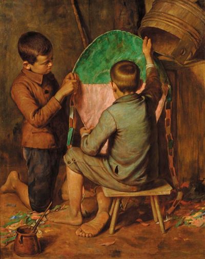 Luigi Bechi (1830-1919)bambini che Costruiscono Aquilone